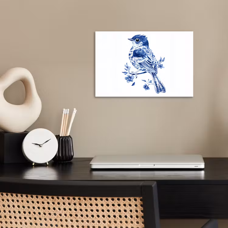 Poster - Vogel - Delfts blauw - Illustratie - Bloemen — 2