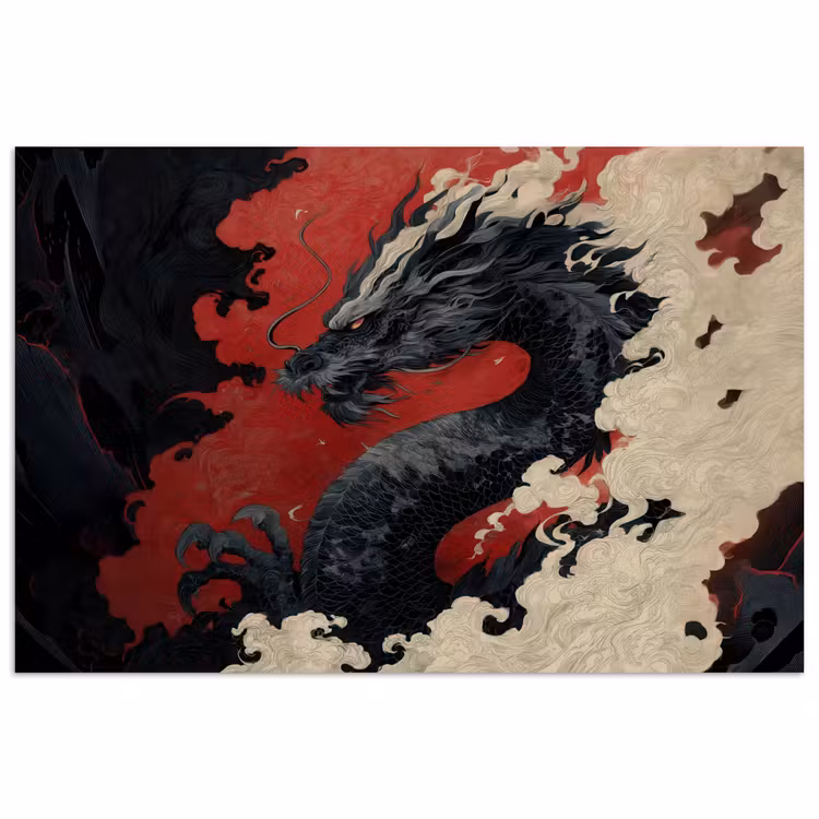 Poster - Zwarte draak - Rookwolken - Rood — 1