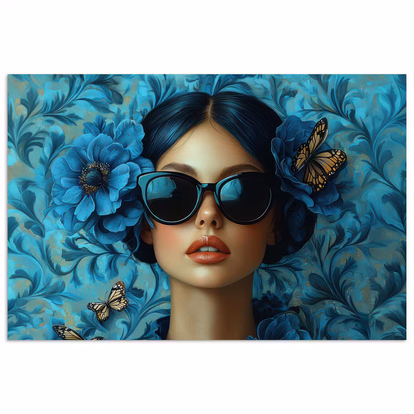 Poster - Vrouw - Bloemen - Vlinders - Blauw - Abstract — 1