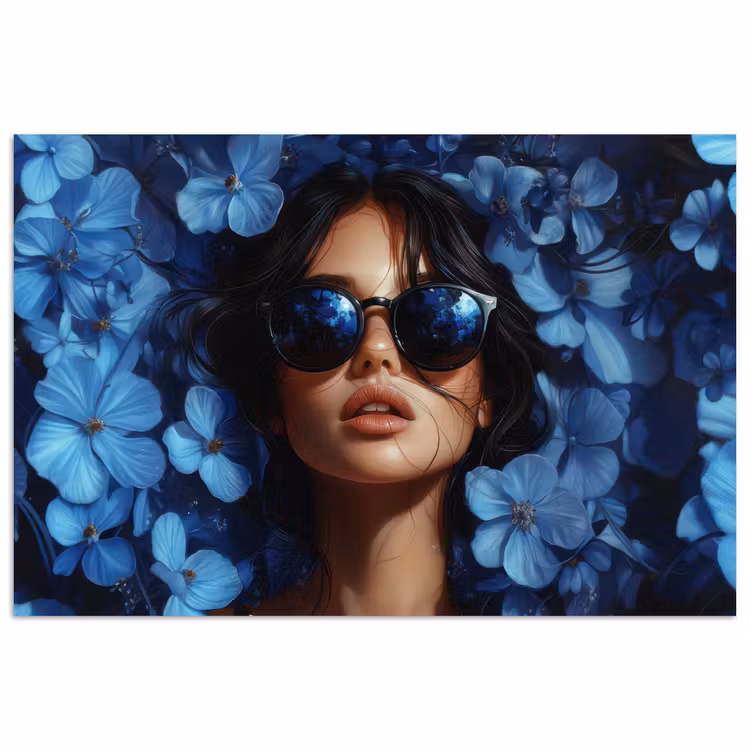 Poster - Vrouw - Blauw - Bloemen - Vlinders - Natuur — 1