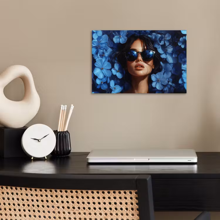 Poster - Vrouw - Blauw - Bloemen - Vlinders - Natuur — 2