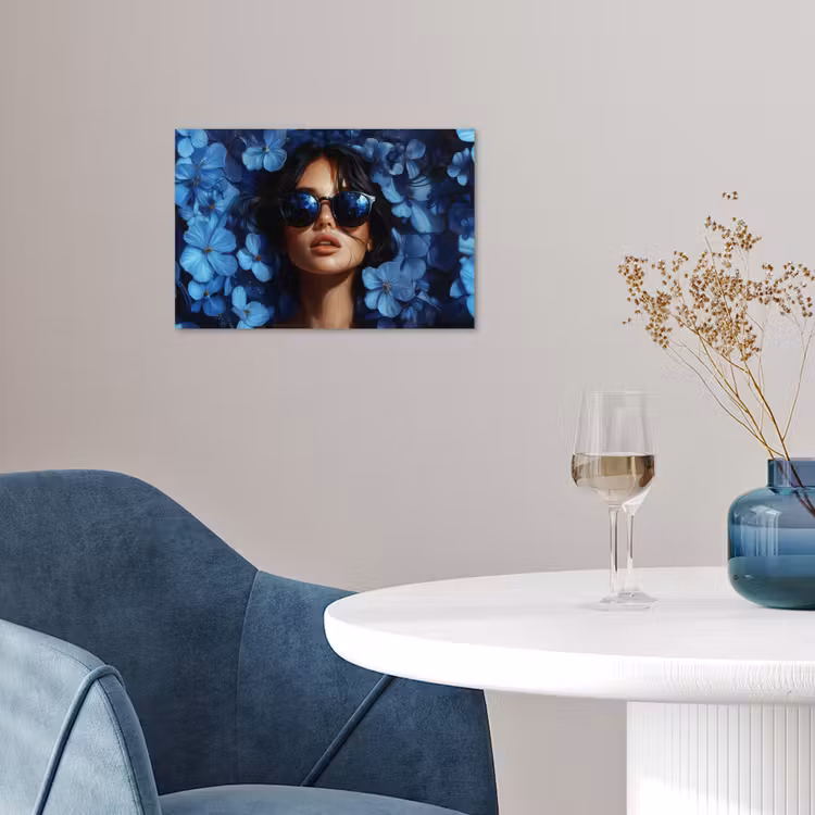 Poster - Vrouw - Blauw - Bloemen - Vlinders - Natuur — 4