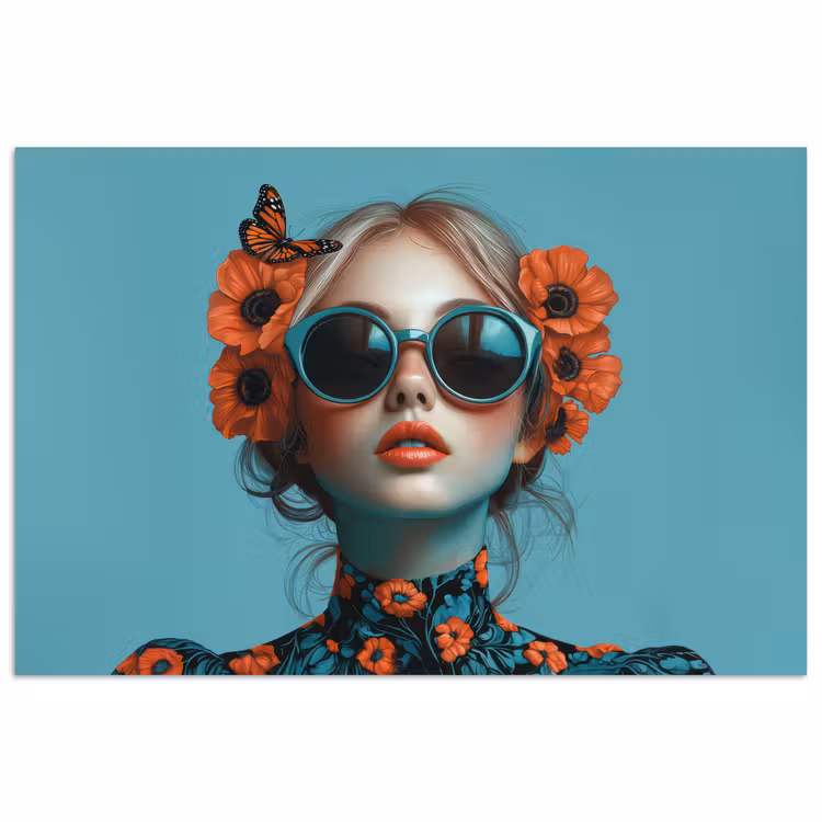 Poster - Vrouw - Blauw - Vlinder - Bloemen - Aesthetic — 1