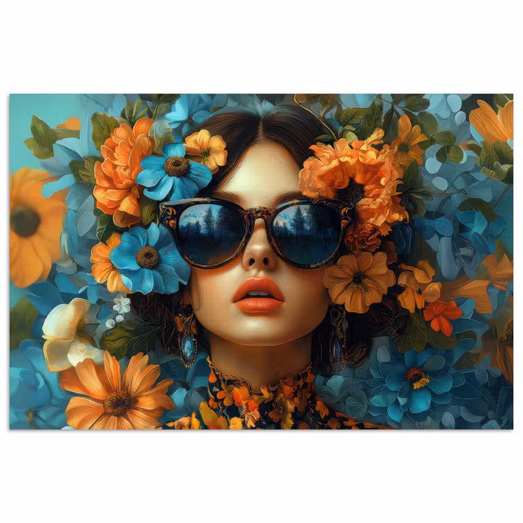 Poster - Vrouw - Bloemen - Oranje - Blauw - Modern — 1