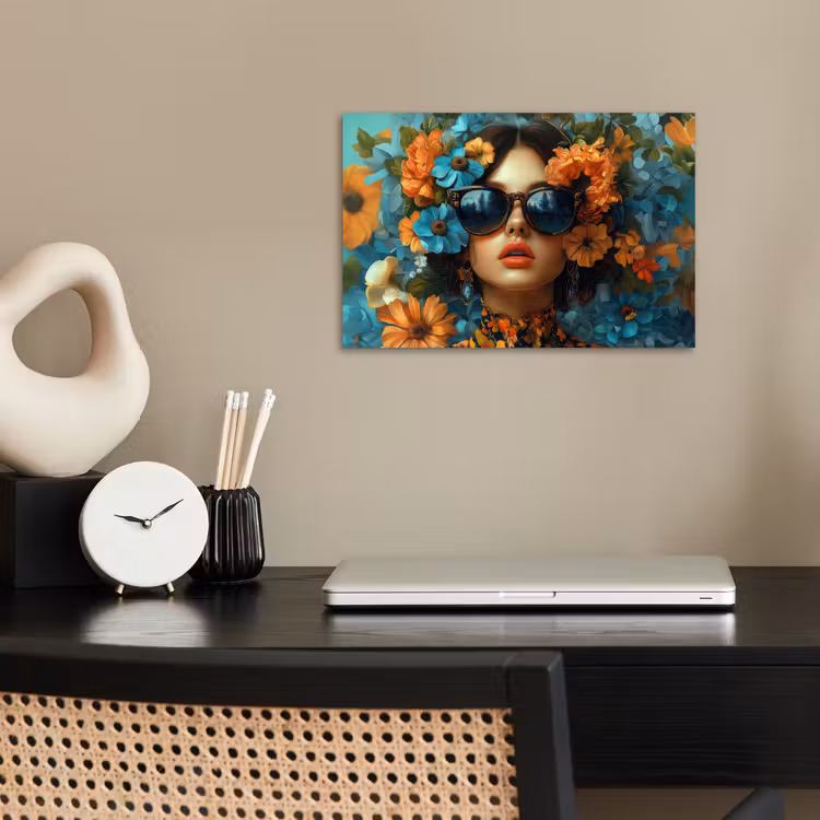 Poster - Vrouw - Bloemen - Oranje - Blauw - Modern — 2