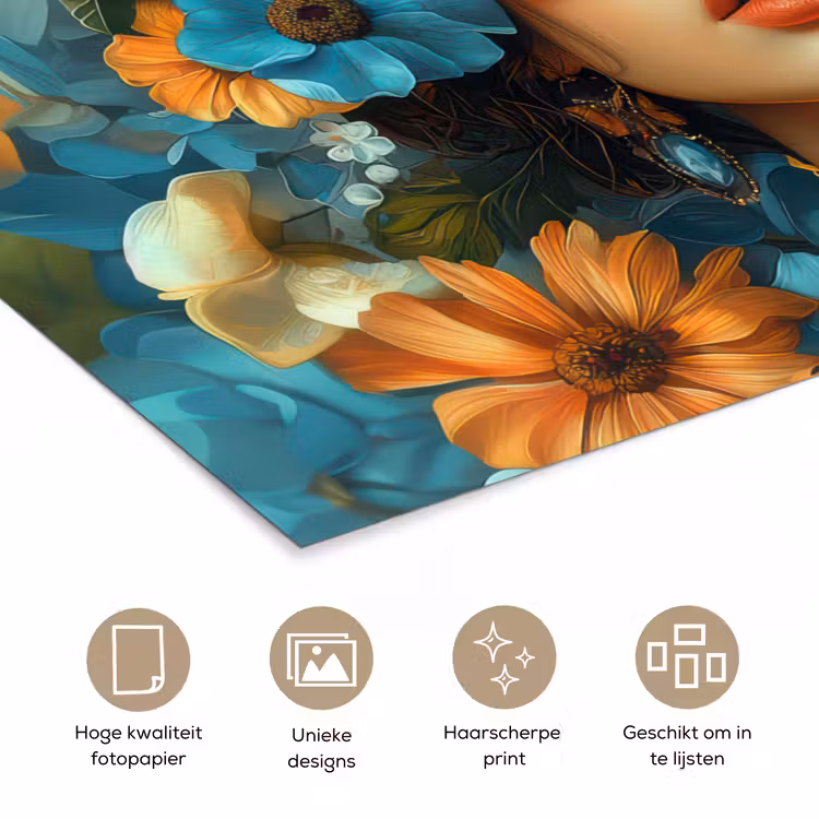 Poster - Vrouw - Bloemen - Oranje - Blauw - Modern — 5