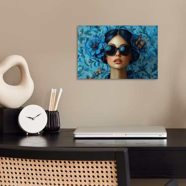 Poster - Vrouw - Bloemen - Vlinders - Blauw - Abstract — 2