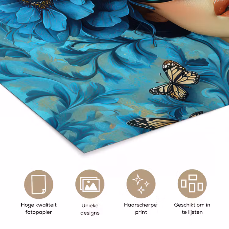Poster - Vrouw - Bloemen - Vlinders - Blauw - Abstract — 5