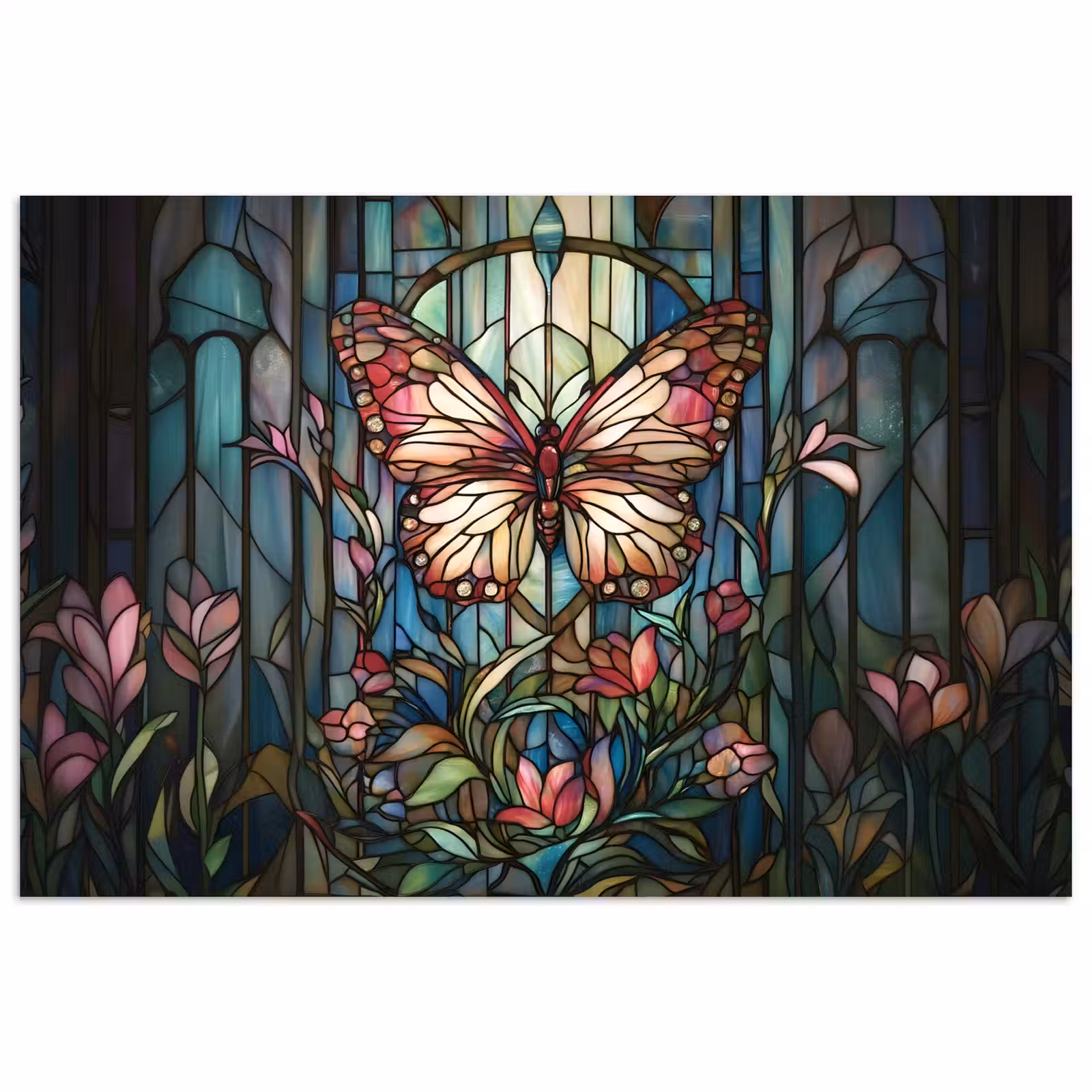 Poster - Vlinder - Roze - Bloemen - Bladeren — 1