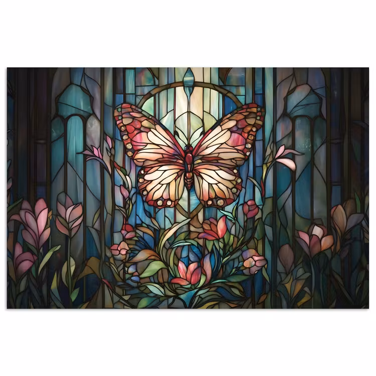 Poster - Vlinder - Roze - Bloemen - Bladeren — 1
