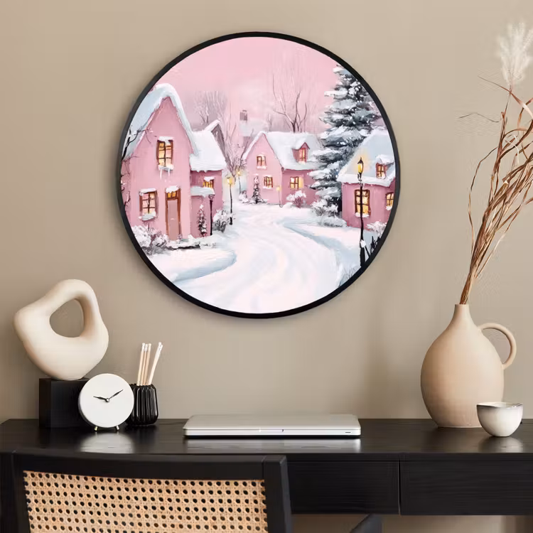 Ronde fotolijst - Kerstdorp - Roze - Winter - Sneeuw - Huizen — 2
