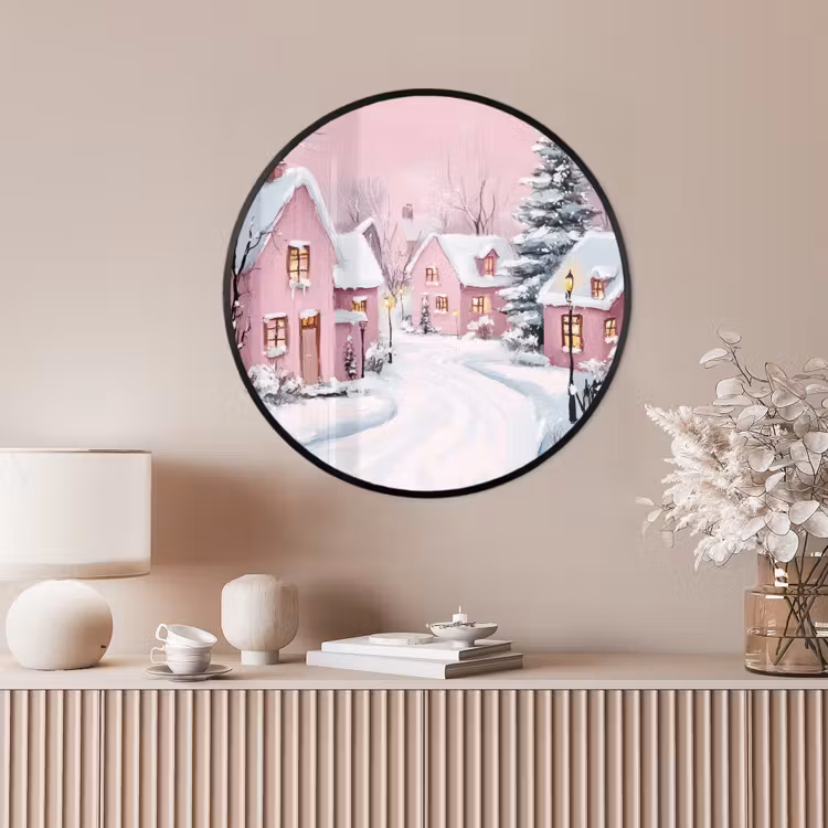 Ronde fotolijst - Kerstdorp - Roze - Winter - Sneeuw - Huizen — 4
