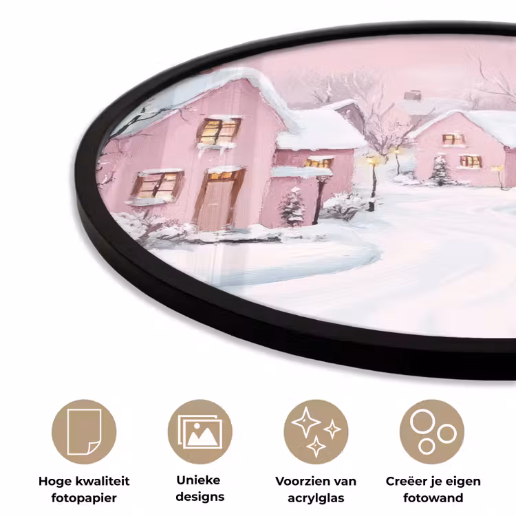 Ronde fotolijst - Kerstdorp - Roze - Winter - Sneeuw - Huizen — 5