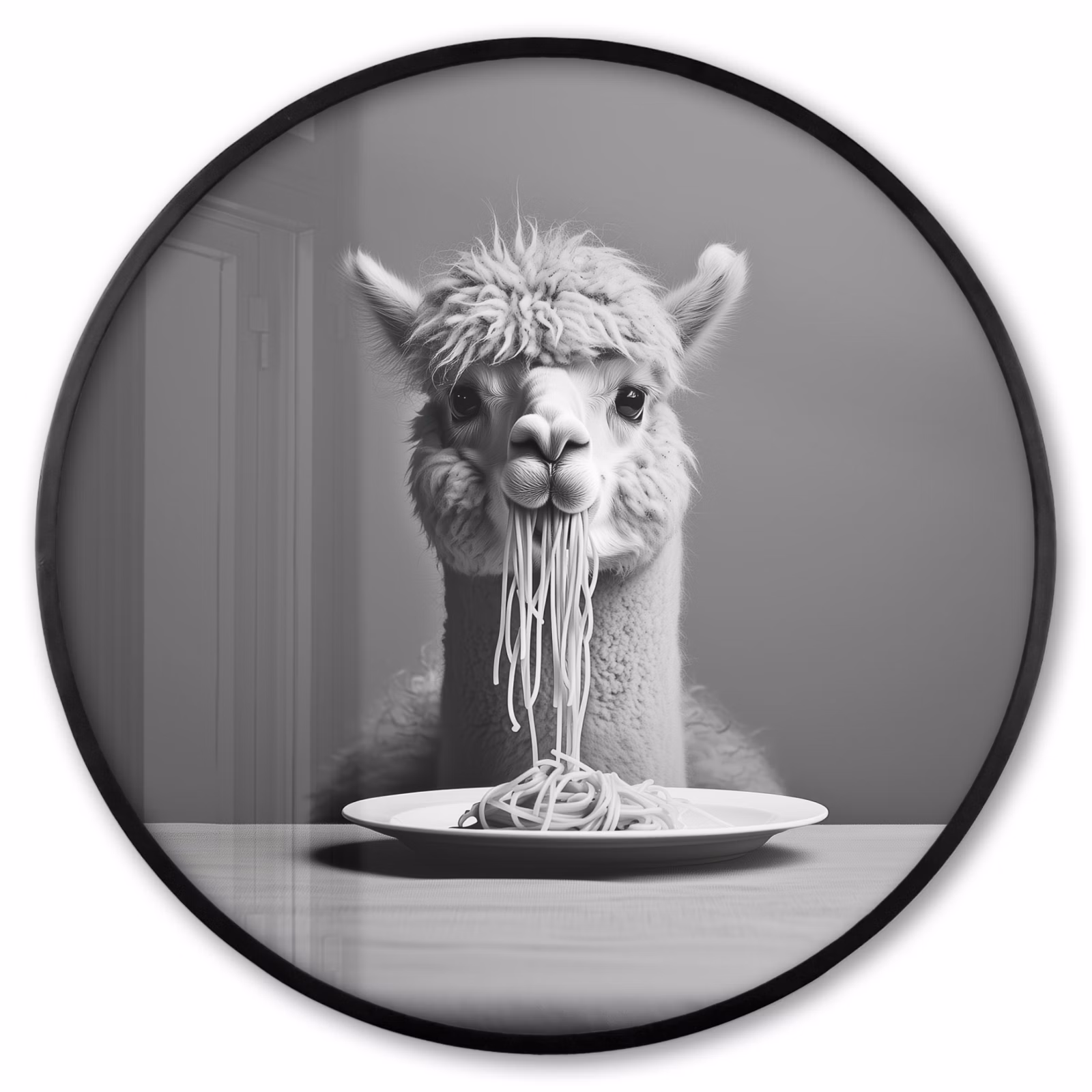 Ronde fotolijst - Alpaca - Pasta - Zwart - Wit - Grappig - Dieren — 1