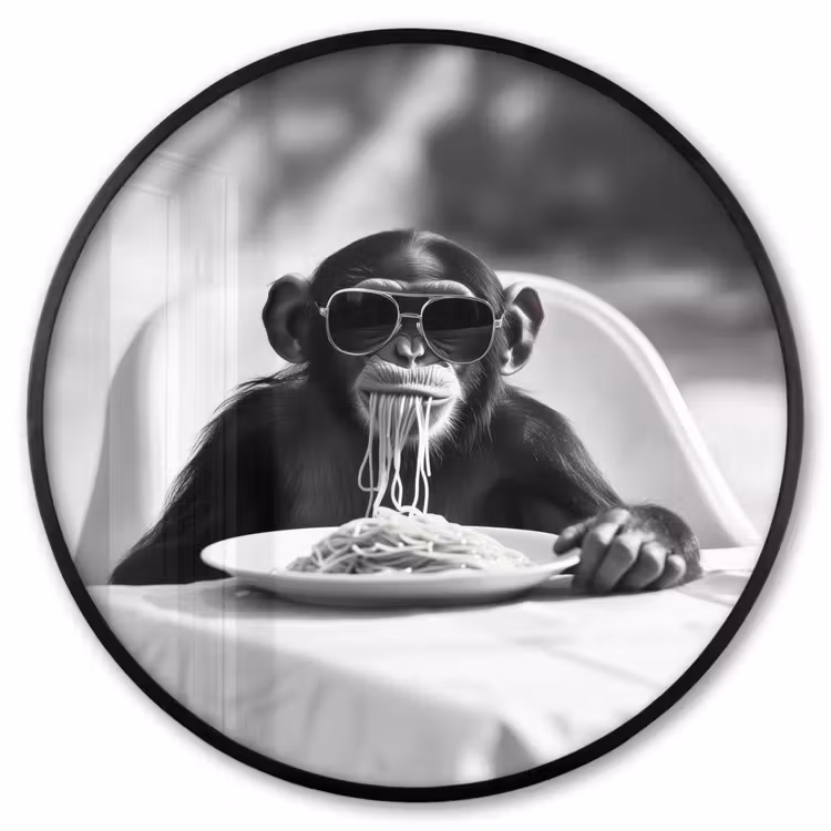 Ronde fotolijst - Aap - Spaghetti - Zonnebril - Zwart wit - Cool - Dier — 1