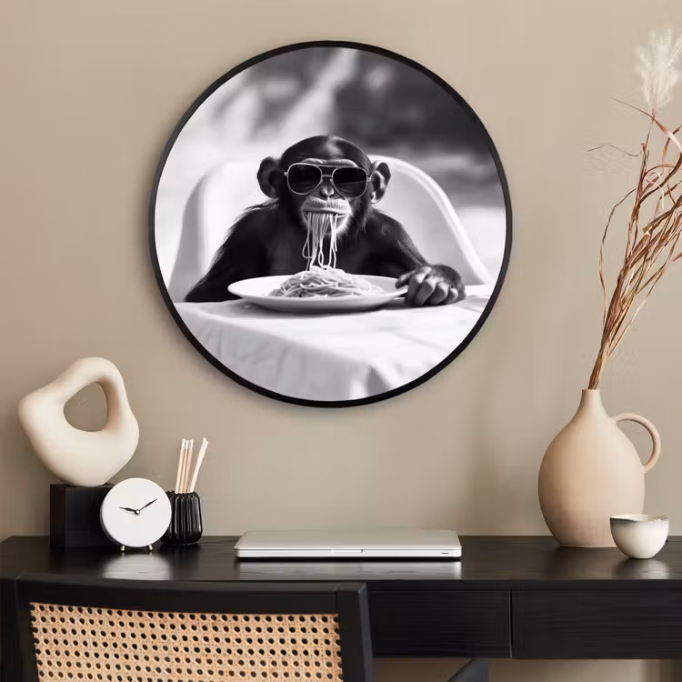 Ronde fotolijst - Aap - Spaghetti - Zonnebril - Zwart wit - Cool - Dier — 2