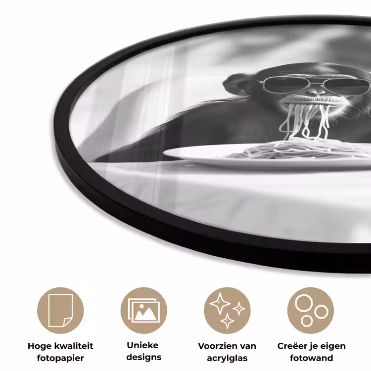 Ronde fotolijst - Aap - Spaghetti - Zonnebril - Zwart wit - Cool - Dier — 5