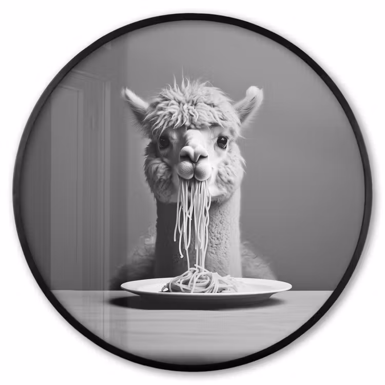 Ronde fotolijst - Alpaca - Pasta - Zwart - Wit - Grappig - Dieren — 1