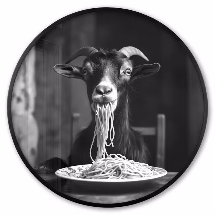 Ronde fotolijst - Geit - Bord - Spaghetti - Zwart Wit — 1