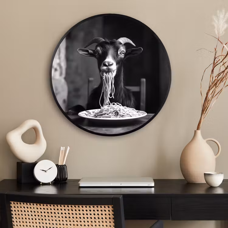 Ronde fotolijst - Geit - Bord - Spaghetti - Zwart Wit — 2