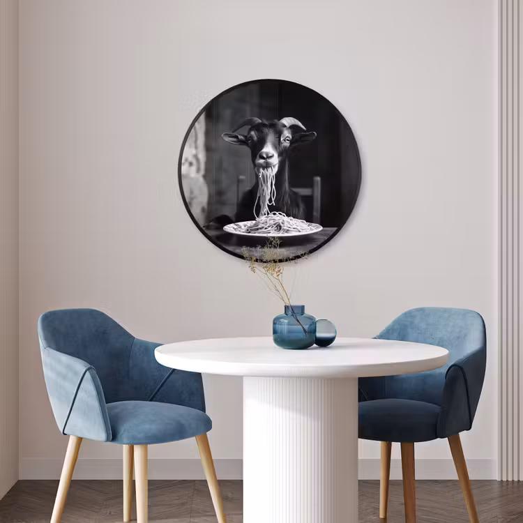 Ronde fotolijst - Geit - Bord - Spaghetti - Zwart Wit — 3