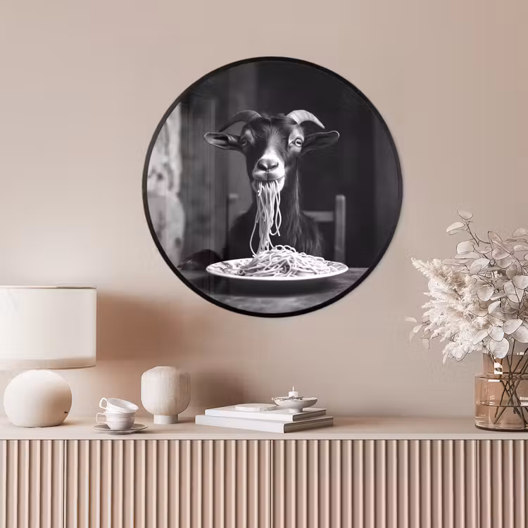 Ronde fotolijst - Geit - Bord - Spaghetti - Zwart Wit — 4