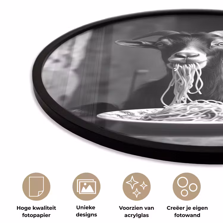 Ronde fotolijst - Geit - Bord - Spaghetti - Zwart Wit — 5