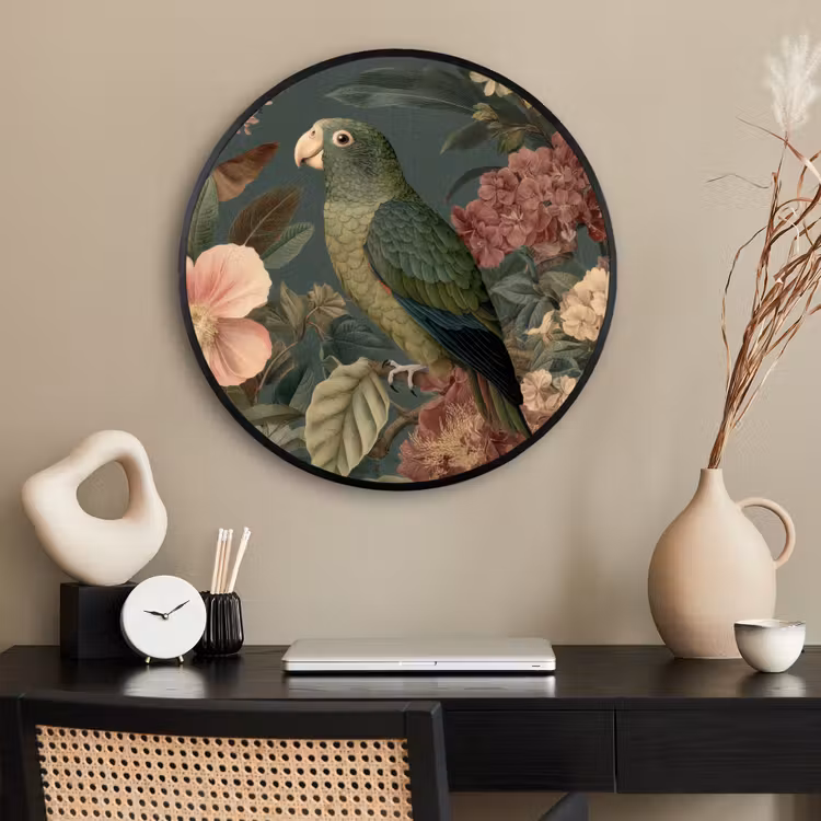 Ronde fotolijst - Groene papegaai - Kleurrijke bloemen - Donkere achtergrond — 2