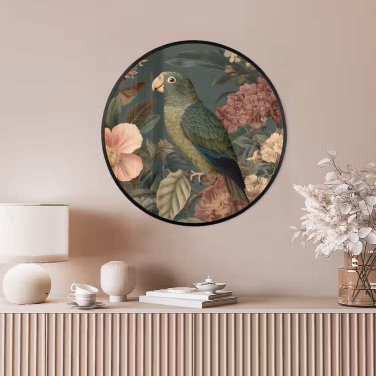 Ronde fotolijst - Groene papegaai - Kleurrijke bloemen - Donkere achtergrond — 4