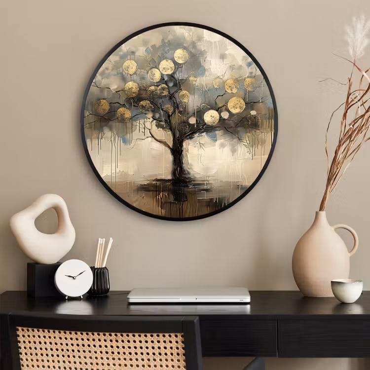 Ronde fotolijst - Beige - Abstract - Boom - Goud — 2