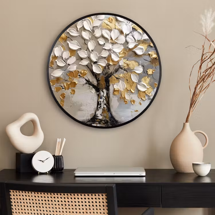 Ronde fotolijst - Boom - Beige - Grijs - Goud - Abstract — 2