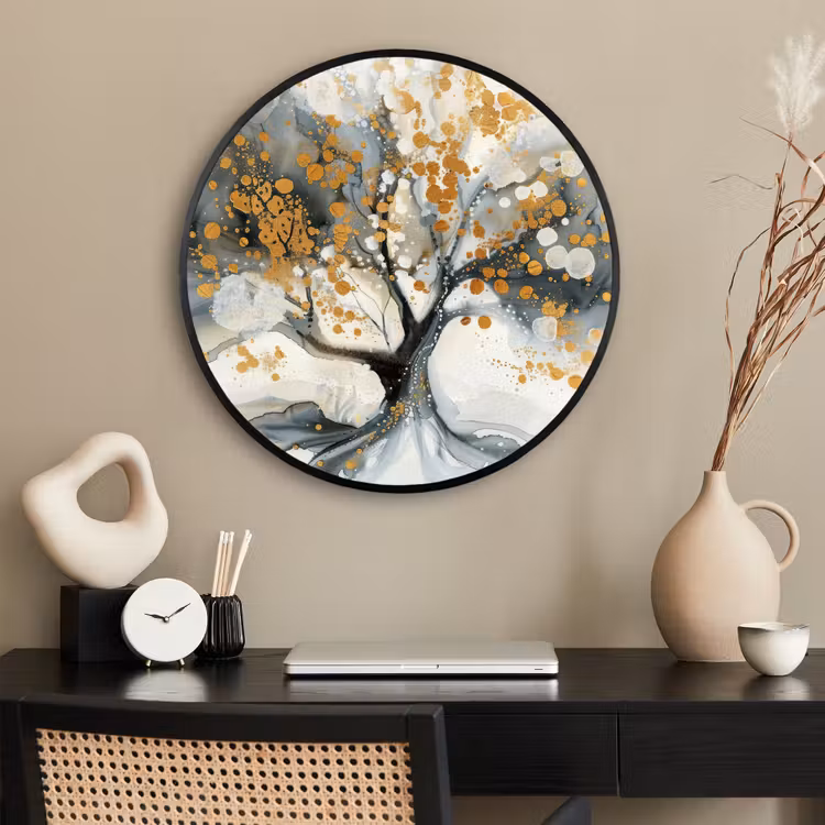 Ronde fotolijst - Boom - Modern - Abstract - Goud - Zwart - Wit — 2