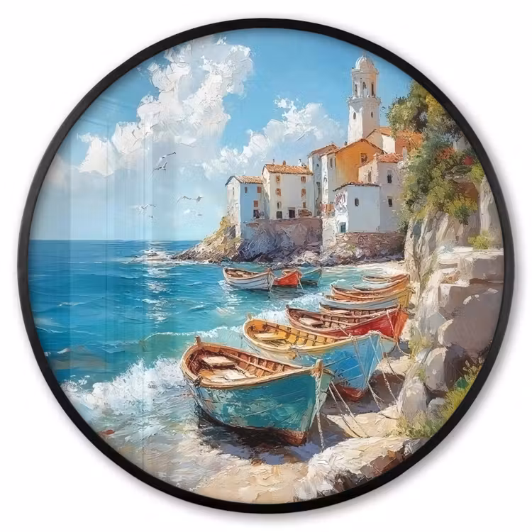 Ronde fotolijst - Boten - Rotsen - Zee - Zon — 1