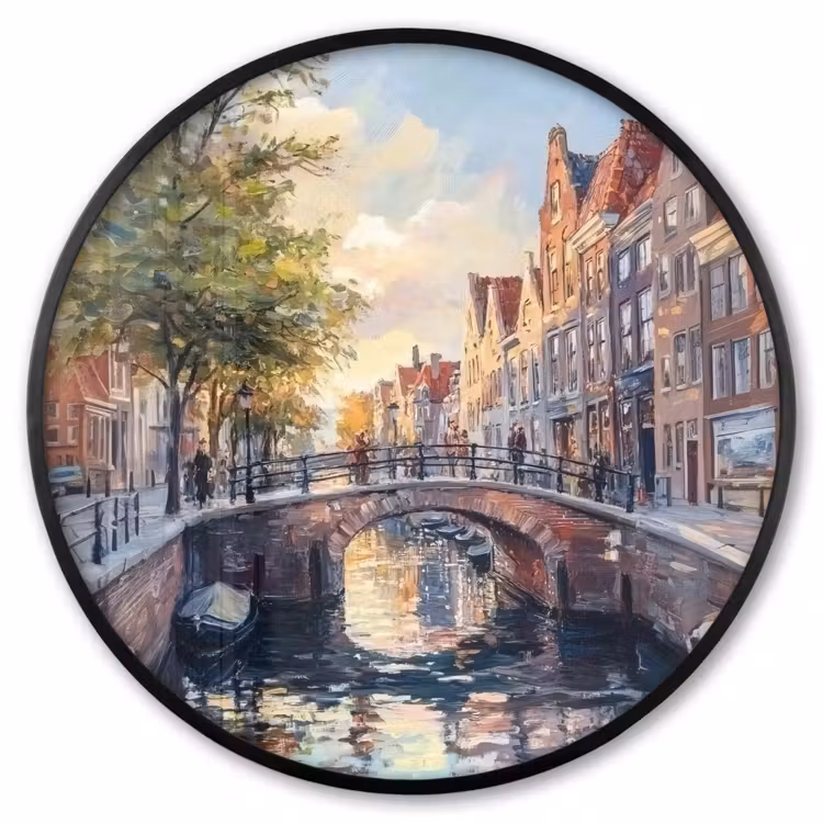 Ronde fotolijst - Brug - Stad - Huizen - Boot — 1