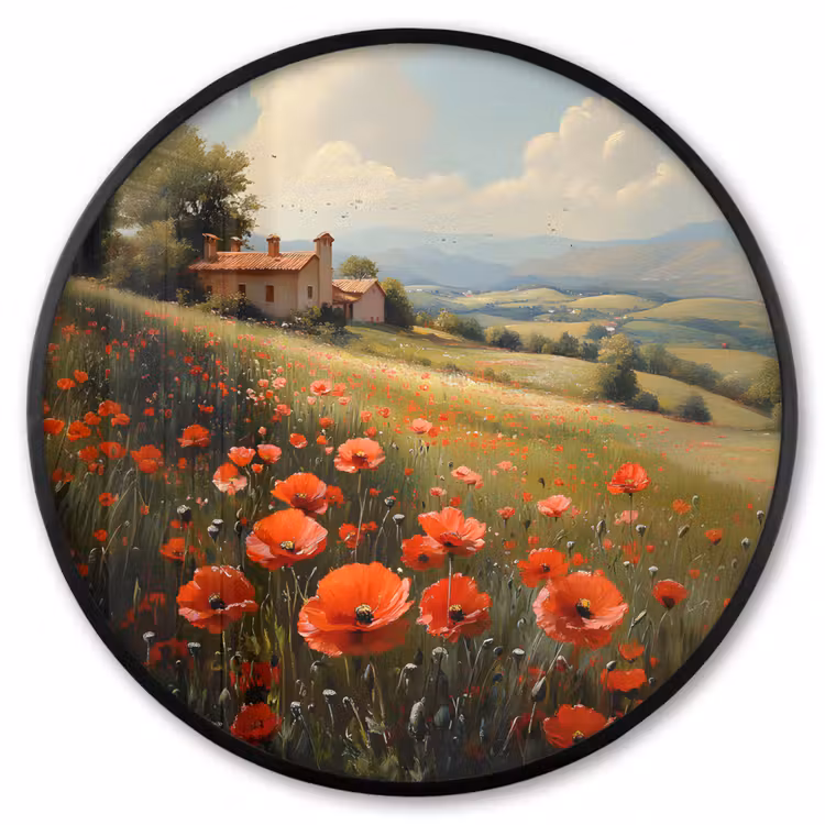 Ronde fotolijst - Klaprozen - Rood - Heuvels - Landschap — 1