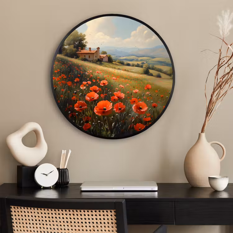 Ronde fotolijst - Klaprozen - Rood - Heuvels - Landschap — 2