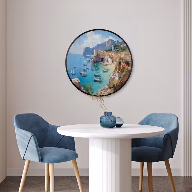 Ronde fotolijst - Kustdorp - Schilderij - Rotsen - Boten — 3