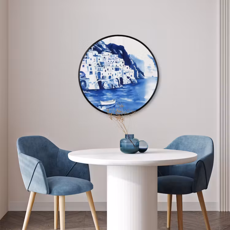 Ronde fotolijst - Dorp - Rotswand - Roeiboot - Water — 3