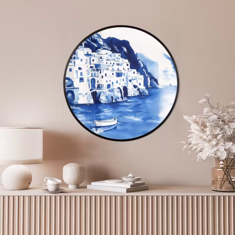 Ronde fotolijst - Dorp - Rotswand - Roeiboot - Water — 4