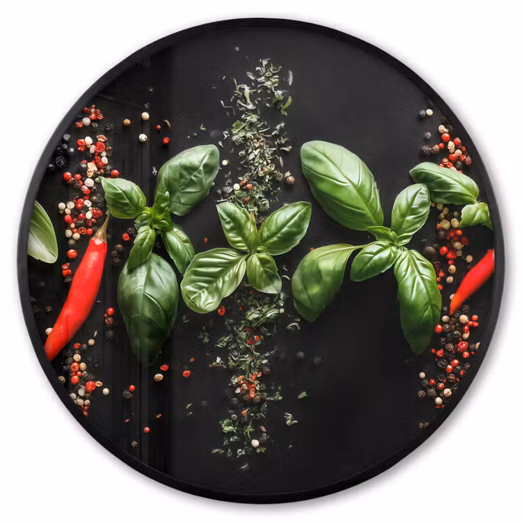 Ronde fotolijst - Chilipepers - Basilicum - Blaadjes - Rood — 1