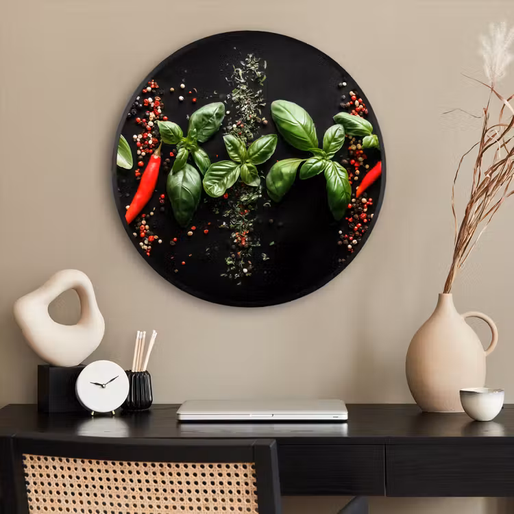 Ronde fotolijst - Chilipepers - Basilicum - Blaadjes - Rood — 2