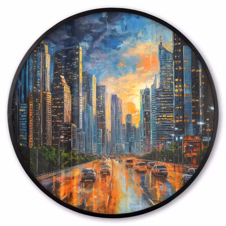 Ronde fotolijst - Auto - Skyline - Zon - Blauw — 1