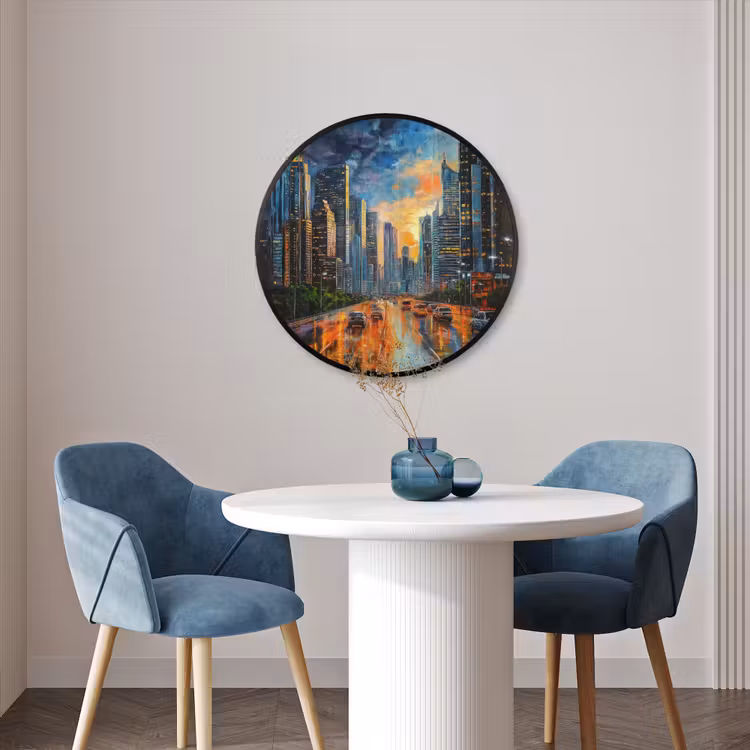 Ronde fotolijst - Auto - Skyline - Zon - Blauw — 3