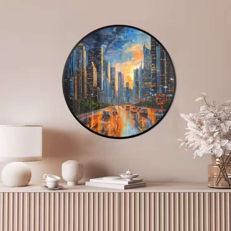 Ronde fotolijst - Auto - Skyline - Zon - Blauw — 4