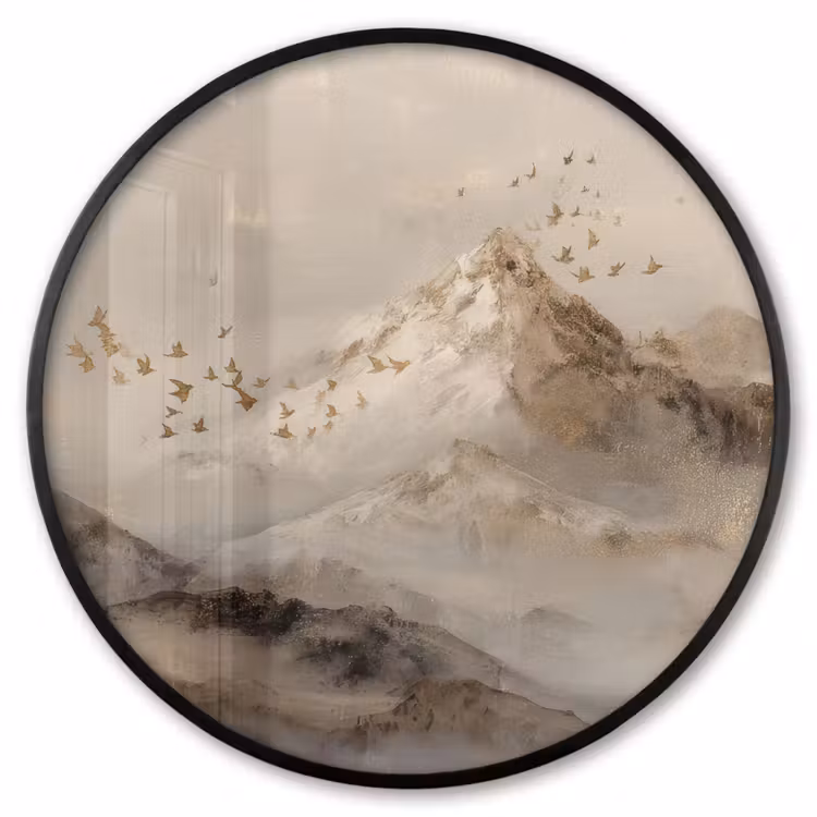 Ronde fotolijst - Berglandschap - Mist - Penseelstreken — 1