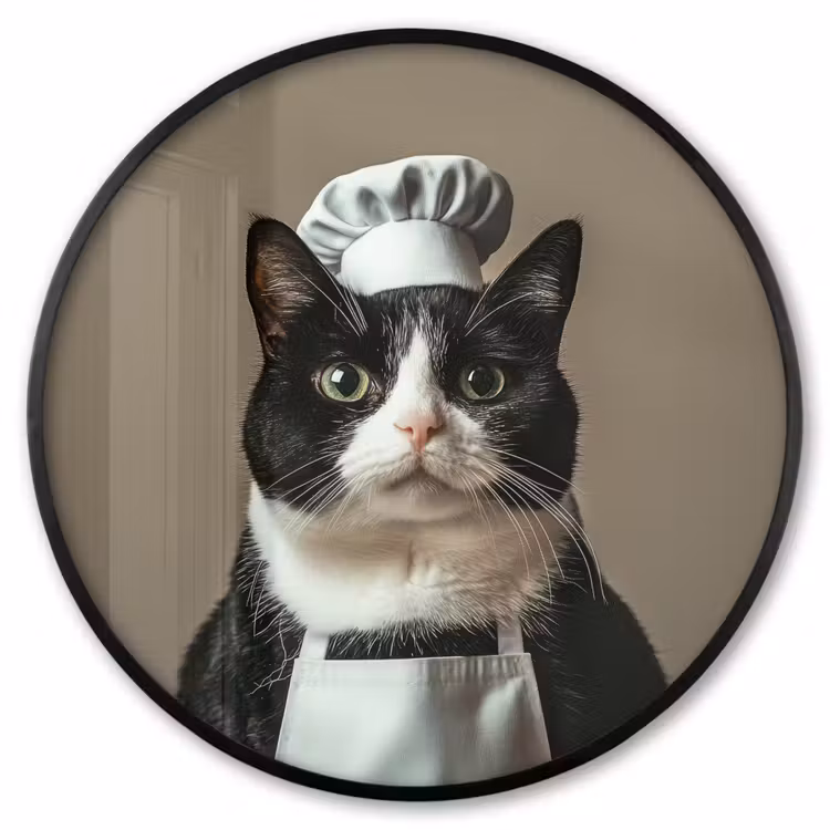 Ronde fotolijst - Kat - Kokskleding - Zwart - Wit — 1