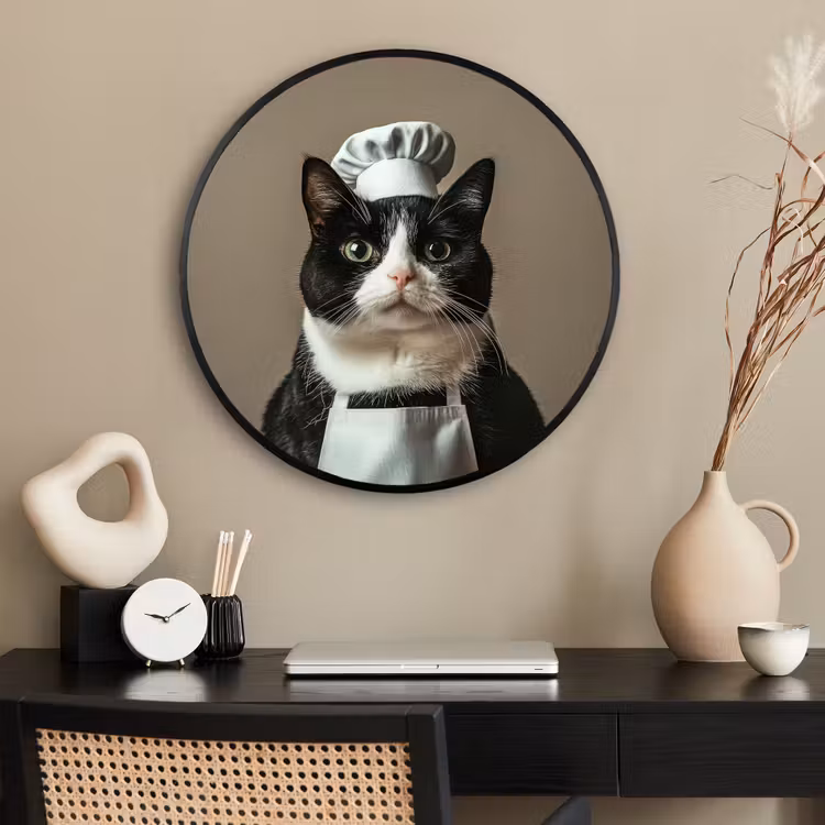 Ronde fotolijst - Kat - Kokskleding - Zwart - Wit — 2