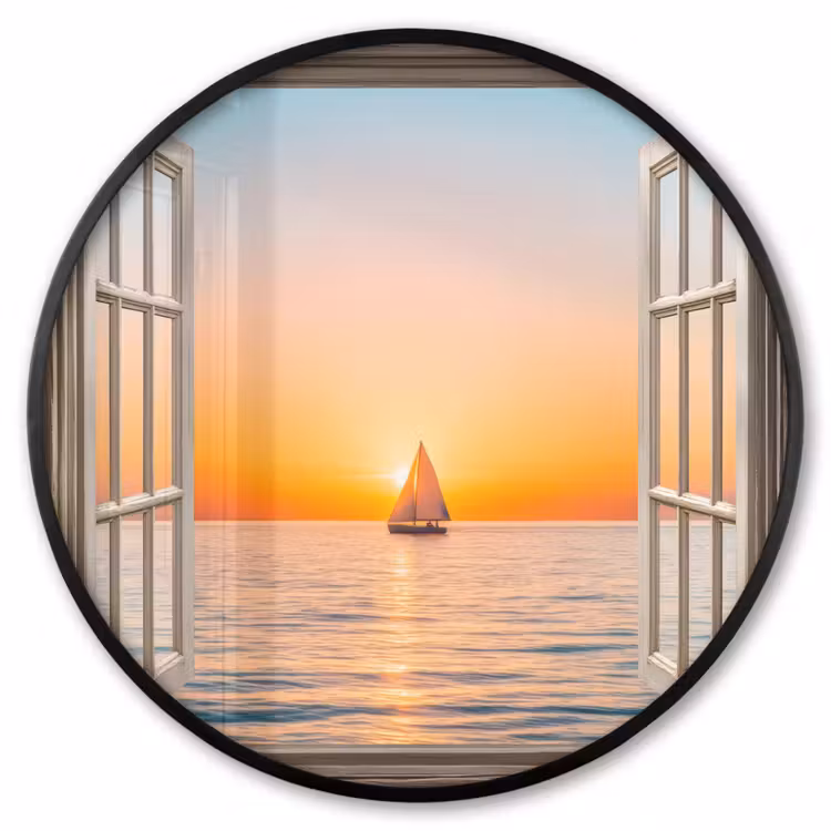 Ronde fotolijst - Doorkijk - Zee - Boot - Zonsondergang — 1