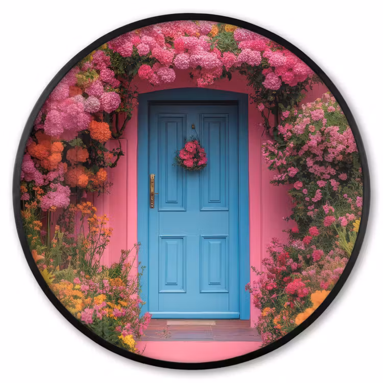Ronde fotolijst - Bloemen - Deur - Roze — 1
