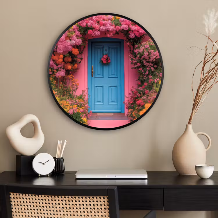 Ronde fotolijst - Bloemen - Deur - Roze — 2